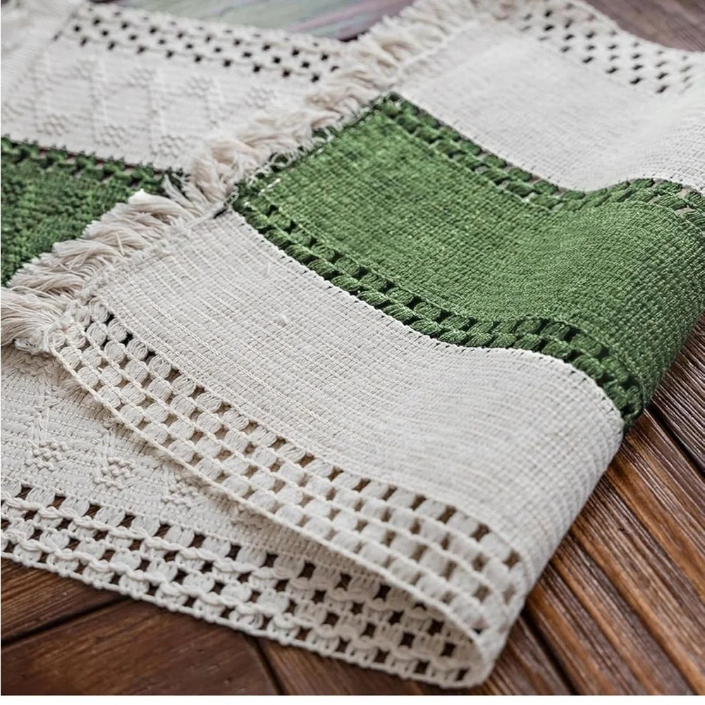 Bojo Green and Cream Table Runner with tassels
